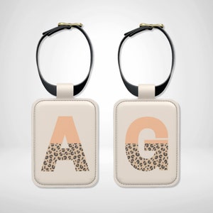 Peach Leopard Print Custom Initial or Letter Leather Luggage Tag, Personalised Luggage Bag Tag, Travel Suitcase ID, Identity Name Label Gift