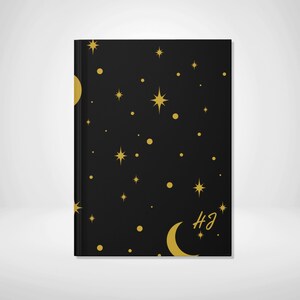 Personalized Initial Celestial Moon & Stars Hardcover Notebook Journal, Custom Notebook Gift, Black Gold Notepad Book, Star Pattern Journal