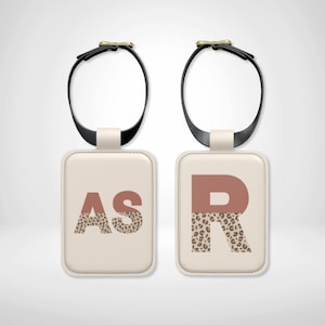 Brown Leopard Print Custom Initial Luggage ID Tag, Personalised Leather Luggage Sign Airport Identity Bag Tag, Suitcase ID Label Travel Gift