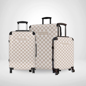 Checkered Name Luggage, Personalised Suitcase, Custom Name Luggage, Beige Suitcase, Cabin Baggage Custom Suitcase, Personalised Luggage Gift