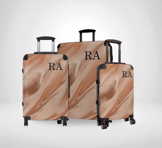Personalised Initial Marbled Luggage, Coffee Colour Wheel