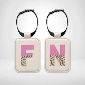 Pink Leopard Print Custom Initial or Letter Leather Luggage Tag, Personalised Luggage Bag Tag, Travel Suitcase ID, Name Identity Label Gift