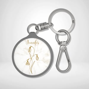 Birth Month Flower Personalised Name Keychain, Birthday Month Charm Accessory Keyring, Customised Key Holder, Women Silver Key Ring Tag Gift