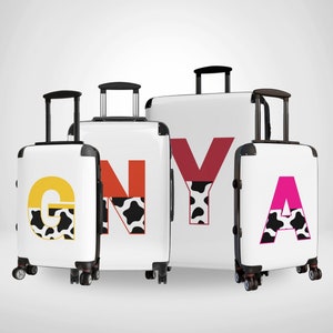 Trendy Customized Cow Print Personal Luggage Set, Colourful Letter Animal Patterned Suitcase, Stylish Cow Custom Travel Luggage Case Gift