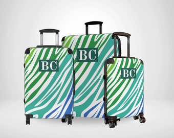 Grün-blauer Streifen Linien Muster Personalisierter Koffer, Benutzerdefiniertes Gepäck mit Tierdruck, maßgeschneiderte Monogramm-Reisetasche, trendiges Gepäckgeschenk