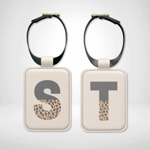 Grey Leopard Print Custom Initial or Letter Leather Luggage Tag, Travel Suitcase ID, Personalised Luggage Bag Tag, Identity Name Label Gift