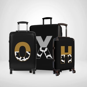 Personalized Cow Print Custom Luggage Set, Gold & Silver Animal Spot Patterned Suitcase, Custom Travel Luggage Case, Bespoke Cow Bag Gift