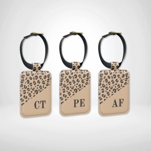 Beige Leopard Print Personalised Leather Luggage Tag with Custom Initial & Contact Information, Airport Identity Tag Suitcase ID Travel Gift