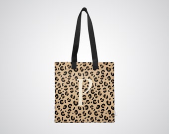 Leopard Print Canvas Shoulder Tote Bag Personalised with Letter Initials, Chic Custom Tote Bag, Bespoke Animal Print Bag Gift, Reusable Tote