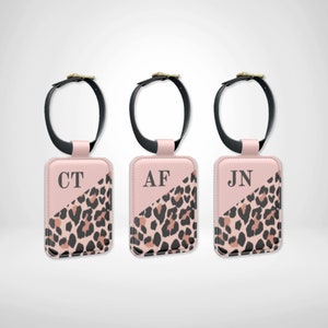 Pink Leopard Print Personalised Leather Luggage Tag with Custom Initials, Airport Identity Tag, Animal Pattern Suitcase ID, Travel Bag Gift