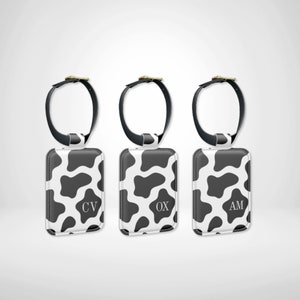 Cow Print Personalised Leather Luggage Tag with Custom Initials, Airport Identity Tag, Animal Pattern Suitcase Tag, Luggage ID, Travel Gift