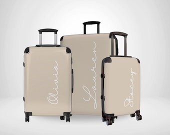 Personalized Name Minimalist Suitcase, Beige White Custom Luggage For Women, Bespoke Travelling Case, Customized Travel Luggage Bag Gift