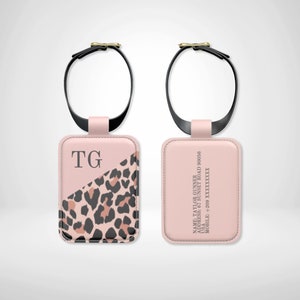Leopard Print Personalised Leather Luggage Tag with Custom Initials & Contact Information, Pink Airport Identity Tag Suitcase ID Travel Gift