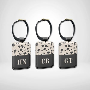 Dots Personalised Leather Luggage Tag with Custom Initials, Black & Beige Spotty Luggage ID, Suitcase Label Airport Identity Tag Travel Gift