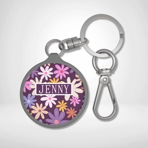 Personalized Name Purple Flower Keyring, Floral Print Custom Keychain For Women, Flower Key Accessory Charm, Circle Silver Key Ring Tag Gift