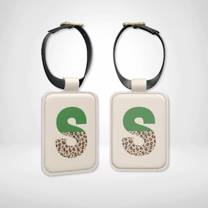 Personalised Leather Luggage Tag, Green Leopard Print Custom Initials Luggage ID, Airport Identity Bag Tag, Suitcase Name Label, Travel Gift