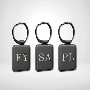 Personalised Black Leather Luggage Tag with Custom Initials, Custom Luggage ID, Personal Suitcase Label, Airport Identity Tag, Travel Gift
