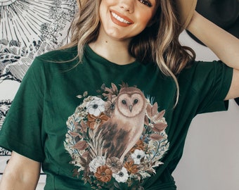 Vintage Barn Owl Forestcore Oversized Tshirt, Witchy Cottagecore Floral Owl Shirt, Alt Indie Dark Cottage Core Clothing, Bird T shirt
