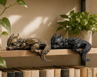 Sleeping Dragon Figurine – Fantasy Bookshelf Decor, Gothic Dragon Statue, Unique Home Accent Gift