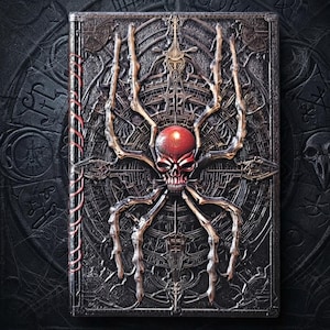 Peut inclure: Un livre rectangulaire à la couverture métallique sombre orné d'une araignée en relief avec un crâne rouge proéminent en son centre. Le fond présente des motifs géométriques circulaires complexes et des lignes gravées. La reliure est cousue de fil rouge.