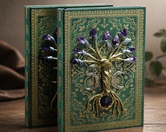 Tree of Life Handcrafted Journal, Crystal Rune Notebook, Vegan Leather Grimoire, Fantasy Journal, Dark Academia Gift, Book of Shadows