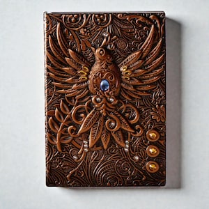 Bronze Celestial Bird & Phoenix cover Journal, 3D embossed fantasy notebook with silver cover, wings-spread phoenix design, blue gemstone and gold accents, intricate floral and swirling patterns, three gold gems at the bottom. Lined pages, A5 size. Fantasy journal, enchanted diary, whimsical notebook, magical writing notebook, decorative collectible, gift for writers, dreamers, and fantasy lovers, mystical aesthetic.Perfect gift for readers and book lovers.