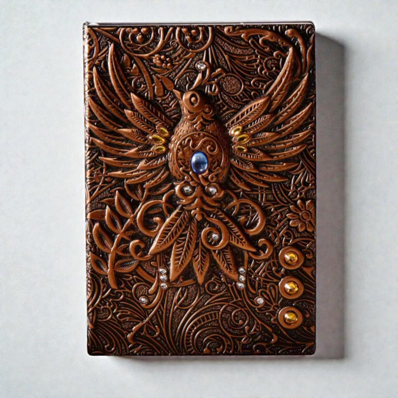Bronze Celestial Bird & Phoenix cover Journal, 3D embossed fantasy notebook with silver cover, wings-spread phoenix design, blue gemstone and gold accents, intricate floral and swirling patterns, three gold gems at the bottom. Lined pages, A5 size. Fantasy journal, enchanted diary, whimsical notebook, magical writing notebook, decorative collectible, gift for writers, dreamers, and fantasy lovers, mystical aesthetic.Perfect gift for readers and book lovers.