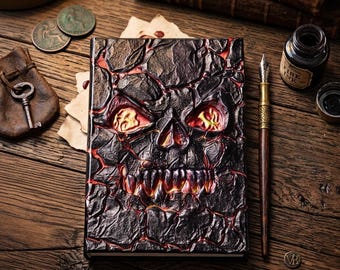 Halloween Skeleton Grimoire Journal - 3D Embossed Flame Skull Leather Notebook A5, Dark Fantasy Book of Shadows, Gothic Gift for Writer