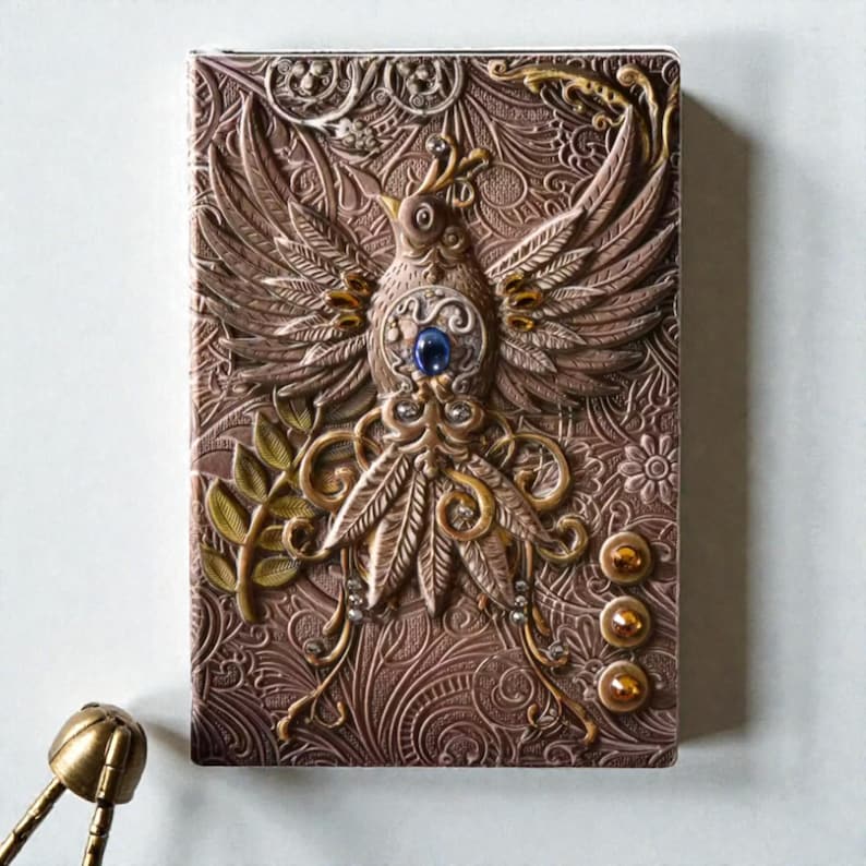 Pinky Celestial Bird & Phoenix cover Journal, 3D embossed fantasy notebook with silver cover, wings-spread phoenix design, blue gemstone and gold accents, intricate floral and swirling patterns, three gold gems at the bottom. Lined pages, A5 size. Fantasy journal, enchanted diary, whimsical notebook, magical writing notebook, decorative collectible, gift for writers, dreamers, and fantasy lovers, mystical aesthetic. Perfect gift for readers and book lovers.