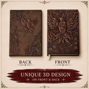 Handmade celestial Bird Journal, 3D embossed fantasy notebook with gemstone accents on vegan PU leather cover. Lined pages, A5 size. Fantasy journal, enchanted diary, whimsical notebook, magical writing notebook, gift for writers, dreamers, and fantasy lovers. Perfect gift for boyfriend or girlfriend. Embossed hardcover with gemstones.