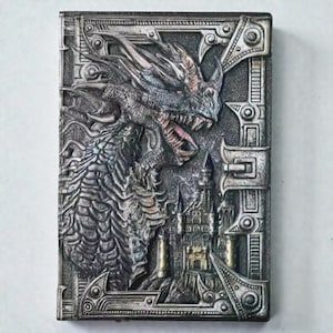 Dragon grimoire notebook, embossed dragon journal, fantasy notebook, dark academia journal, vegan leather notebook, DND journal, RPG notebook, gothic grimoire, medieval fantasy diary, dragon writing journal, mythical notebook, vintage fantasy journal, collectible fantasy notebook, magical writing diary, antique style notebook, fantasy worldbuilding journal, dragon aesthetic, enchanted notebook, roleplay notebook, writer gift, fantasy gift, gothic notebook, creative writing journal