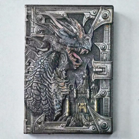 Antique Dragon Embossed A5 Journal – 3D Fantasy Notebook in Vegan Leather – Vintage Style Hardcover Diary – Gift for Writers