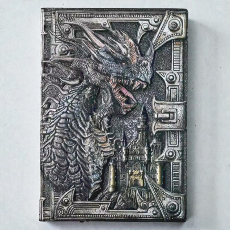 Dragon grimoire notebook, embossed dragon journal, fantasy notebook, dark academia journal, vegan leather notebook, DND journal, RPG notebook, gothic grimoire, medieval fantasy diary, dragon writing journal, mythical notebook, vintage fantasy journal, collectible fantasy notebook, magical writing diary, antique style notebook, fantasy worldbuilding journal, dragon aesthetic, enchanted notebook, roleplay notebook, writer gift, fantasy gift, gothic notebook, creative writing journal