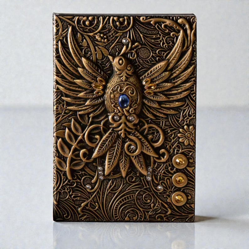 Gold Celestial Bird & Phoenix cover Journal, 3D embossed fantasy notebook with silver cover, wings-spread phoenix design, blue gemstone and gold accents, intricate floral and swirling patterns, three gold gems at the bottom. Lined pages, A5 size. Fantasy journal, enchanted diary, whimsical notebook, magical writing notebook, decorative collectible, gift for writers, dreamers, and fantasy lovers, mystical aesthetic. Perfect gift for readers and book lovers.