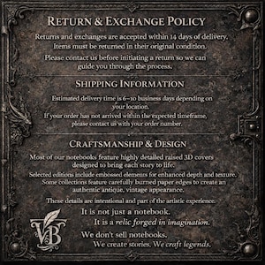 May include: A dark, textured background with text detailing a return policy, shipping information, and craftsmanship. The text includes "Return & Exchange Policy," "Shipping Information," and "Craftsmanship & Design." The VB logo is at the bottom.