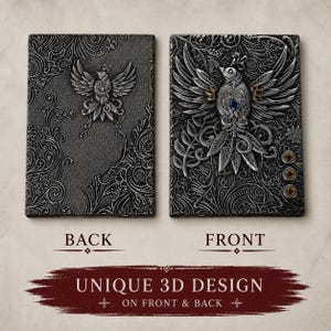 Handmade celestial Bird Journal, 3D embossed fantasy notebook with gemstone accents on vegan PU leather cover. Lined pages, A5 size. Fantasy journal, enchanted diary, whimsical notebook, magical writing notebook, gift for writers, dreamers, and fantasy lovers. Perfect gift for boyfriend or girlfriend. Embossed hardcover with gemstones.