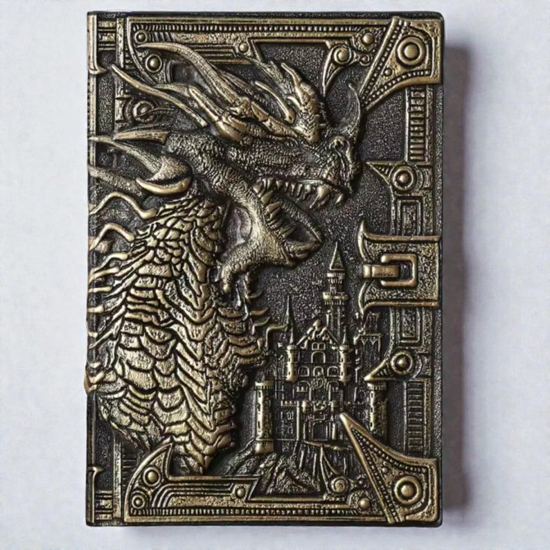 Dragon grimoire notebook, embossed dragon journal, fantasy notebook, dark academia journal, vegan leather notebook, DND journal, RPG notebook, gothic grimoire, medieval fantasy diary, dragon writing journal, mythical notebook, vintage fantasy journal, collectible fantasy notebook, magical writing diary, antique style notebook, fantasy worldbuilding journal, dragon aesthetic, enchanted notebook, roleplay notebook, writer gift, fantasy gift, gothic notebook, creative writing journal