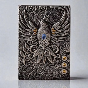 Silver Celestial Bird & Phoenix cover Journal, 3D embossed fantasy notebook with silver cover, wings-spread phoenix design, blue gemstone and gold accents, intricate floral and swirling patterns, three gold gems at the bottom. Lined pages, A5 size. Fantasy journal, enchanted diary, whimsical notebook, magical writing notebook, decorative collectible, gift for writers, dreamers, and fantasy lovers, mystical aesthetic. Perfect gift for readers and book lovers.