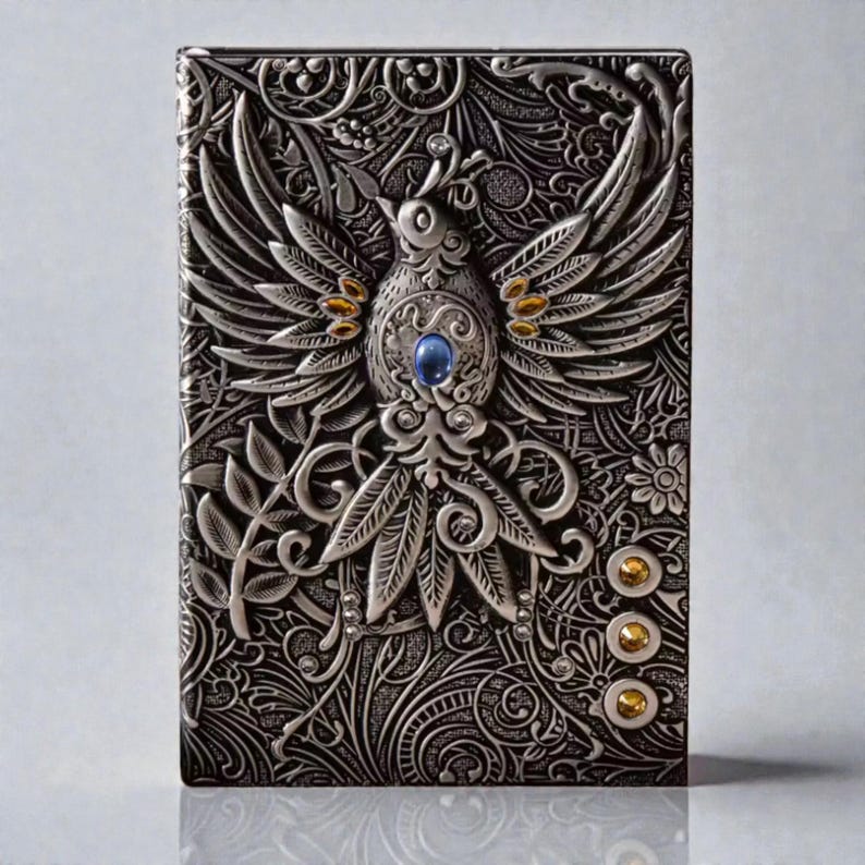 Silver Celestial Bird & Phoenix cover Journal, 3D embossed fantasy notebook with silver cover, wings-spread phoenix design, blue gemstone and gold accents, intricate floral and swirling patterns, three gold gems at the bottom. Lined pages, A5 size. Fantasy journal, enchanted diary, whimsical notebook, magical writing notebook, decorative collectible, gift for writers, dreamers, and fantasy lovers, mystical aesthetic. Perfect gift for readers and book lovers.