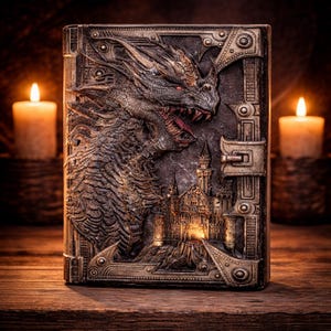 Könnte beinhalten: Ein kunstvolles Buch mit einem Drachenrelief auf dem Einband. Der Drache ist detailliert geschnitzt, mit offenem Maul und roten Augen. Unter dem Drachen ist ein Schloss dargestellt. Das Buch liegt auf einer Holzoberfläche, mit brennenden Kerzen zu beiden Seiten.