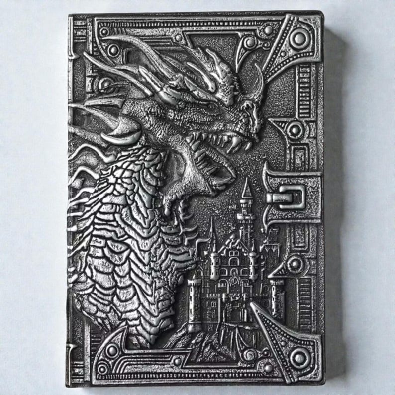 Dragon grimoire notebook, embossed dragon journal, fantasy notebook, dark academia journal, vegan leather notebook, DND journal, RPG notebook, gothic grimoire, medieval fantasy diary, dragon writing journal, mythical notebook, vintage fantasy journal, collectible fantasy notebook, magical writing diary, antique style notebook, fantasy worldbuilding journal, dragon aesthetic, enchanted notebook, roleplay notebook, writer gift, fantasy gift, gothic notebook, creative writing journal