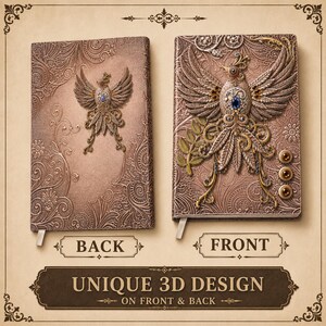 Handmade celestial Bird Journal, 3D embossed fantasy notebook with gemstone accents on vegan PU leather cover. Lined pages, A5 size. Fantasy journal, enchanted diary, whimsical notebook, magical writing notebook, gift for writers, dreamers, and fantasy lovers. Perfect gift for boyfriend or girlfriend. Embossed hardcover with gemstones.