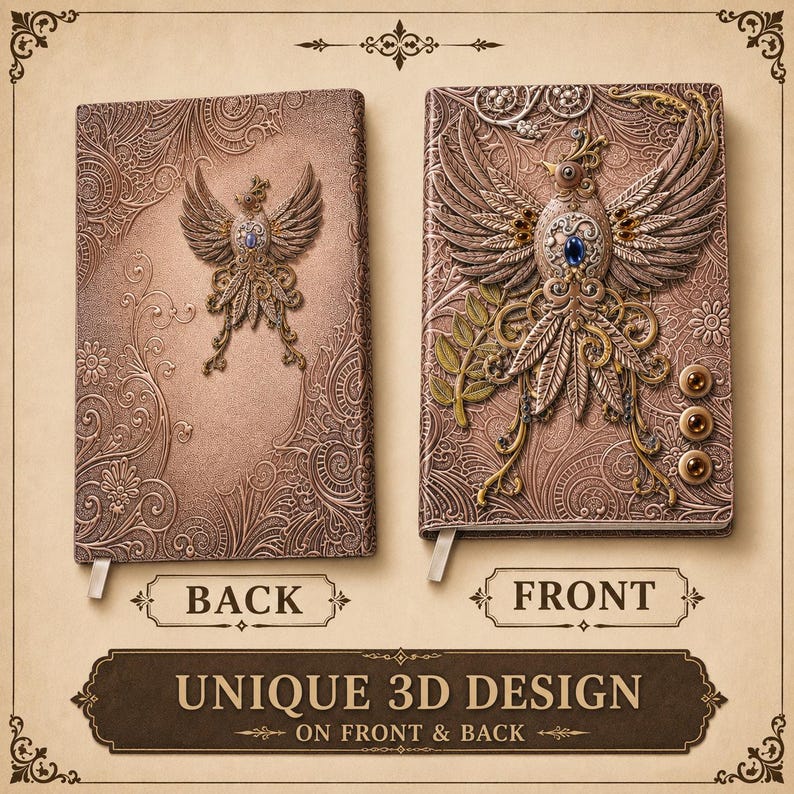 Handmade celestial Bird Journal, 3D embossed fantasy notebook with gemstone accents on vegan PU leather cover. Lined pages, A5 size. Fantasy journal, enchanted diary, whimsical notebook, magical writing notebook, gift for writers, dreamers, and fantasy lovers. Perfect gift for boyfriend or girlfriend. Embossed hardcover with gemstones.