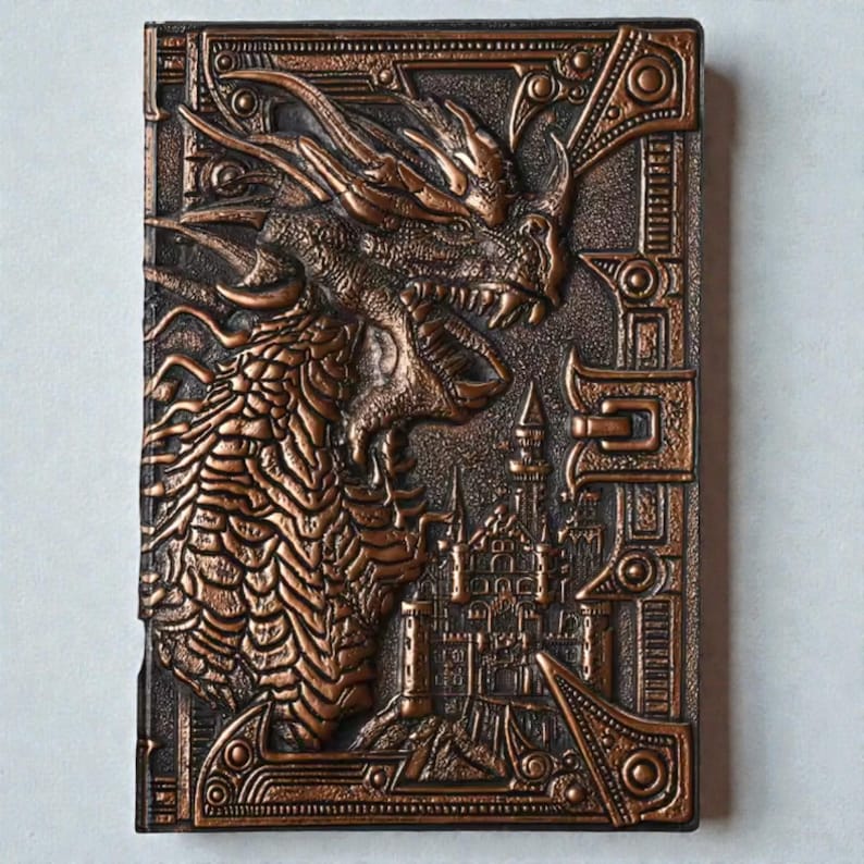 Dragon grimoire notebook, embossed dragon journal, fantasy notebook, dark academia journal, vegan leather notebook, DND journal, RPG notebook, gothic grimoire, medieval fantasy diary, dragon writing journal, mythical notebook, vintage fantasy journal, collectible fantasy notebook, magical writing diary, antique style notebook, fantasy worldbuilding journal, dragon aesthetic, enchanted notebook, roleplay notebook, writer gift, fantasy gift, gothic notebook, creative writing journal