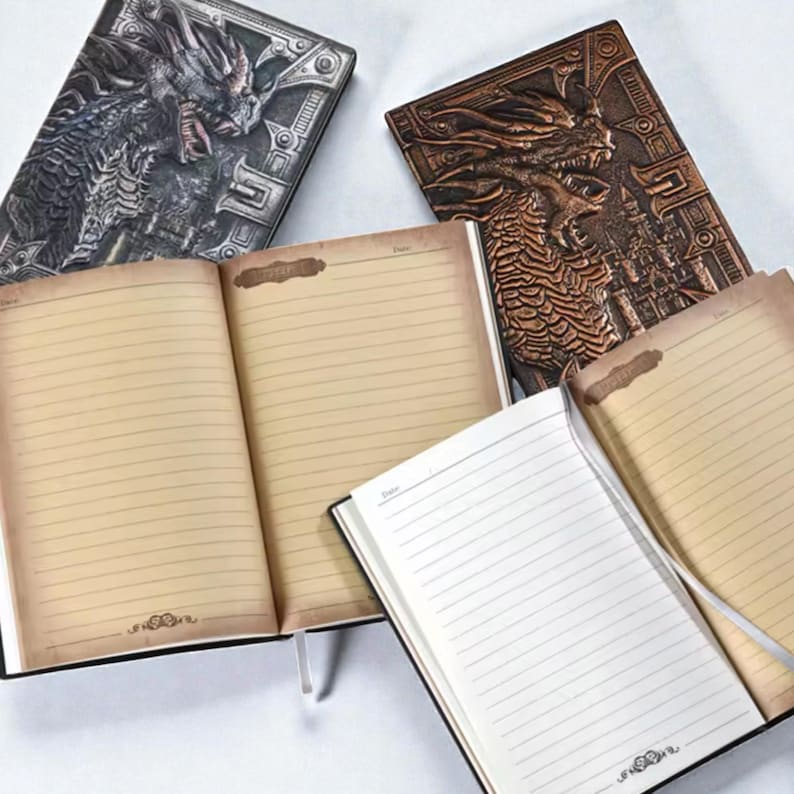 Dragon grimoire notebook, embossed dragon journal, fantasy notebook, dark academia journal, vegan leather notebook, DND journal, RPG notebook, gothic grimoire, medieval fantasy diary, dragon writing journal, mythical notebook, vintage fantasy journal, collectible fantasy notebook, magical writing diary, antique style notebook, fantasy worldbuilding journal, dragon aesthetic, enchanted notebook, roleplay notebook, writer gift, fantasy gift, gothic notebook, creative writing journal