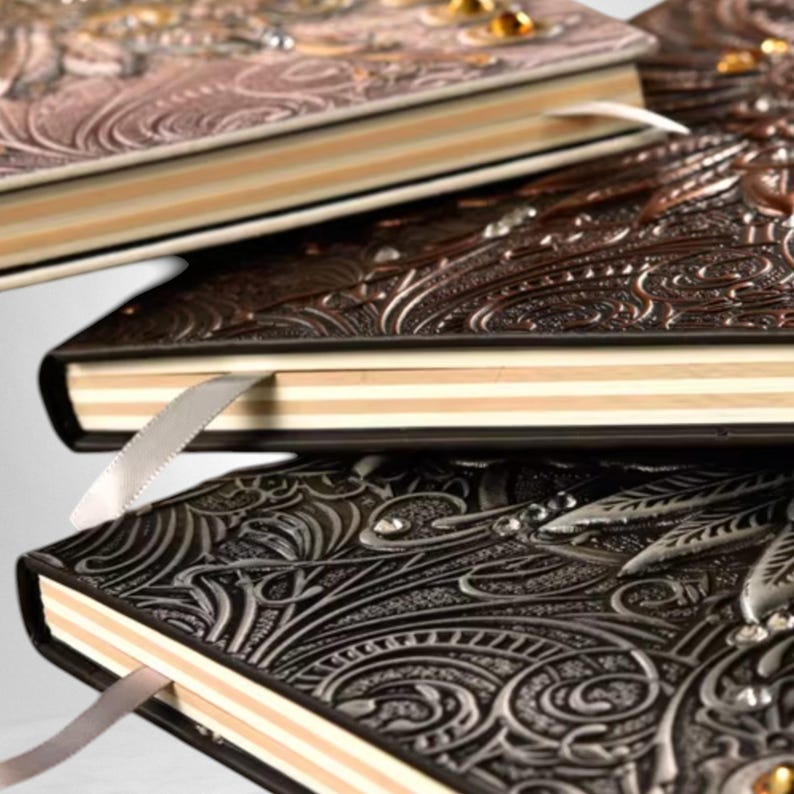 Handmade celestial Bird Journal, with bookmark, 3D embossed fantasy notebook with gemstone accents on vegan PU leather cover. Lined pages, A5 size. Fantasy journal, enchanted diary, whimsical notebook, magical writing notebook, gift for writers, dreamers, and fantasy lovers. Perfect gift for readers and book lovers.