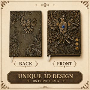 Handmade celestial Bird Journal, 3D embossed fantasy notebook with gemstone accents on vegan PU leather cover. Lined pages, A5 size. Fantasy journal, enchanted diary, whimsical notebook, magical writing notebook, gift for writers, dreamers, and fantasy lovers. Perfect gift for boyfriend or girlfriend. Embossed hardcover with gemstones.