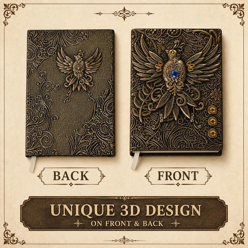 Handmade celestial Bird Journal, 3D embossed fantasy notebook with gemstone accents on vegan PU leather cover. Lined pages, A5 size. Fantasy journal, enchanted diary, whimsical notebook, magical writing notebook, gift for writers, dreamers, and fantasy lovers. Perfect gift for boyfriend or girlfriend. Embossed hardcover with gemstones.