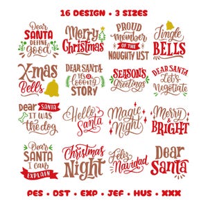 Peut inclure: Une collection de 16 motifs de Noël en rouge et marron, avec des phrases comme "Merry Christmas" et "Jingle Bells". L'image indique également "16 DESIGN • 3 SIZES" et inclut des abréviations de types de fichiers.