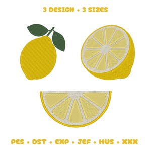 May include: Embroidered lemon designs in three variations: a whole lemon with leaves, a lemon half, and a lemon slice. The designs are yellow with white and green accents. Text at the top reads "3 DESIGN • 3 SIZES". The bottom text lists file formats.